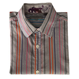 Ted Baker Women's Button Front Shirt 2 Purple/Red/Orange/White Stripes A+